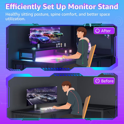 40 Inch Small Gaming Desk with Pegboard Shelves Computer Desks with Led Lights Power Outlets PC Monitor Stand Reversible Storage Shelf Table for Bedroom Small Space, Black