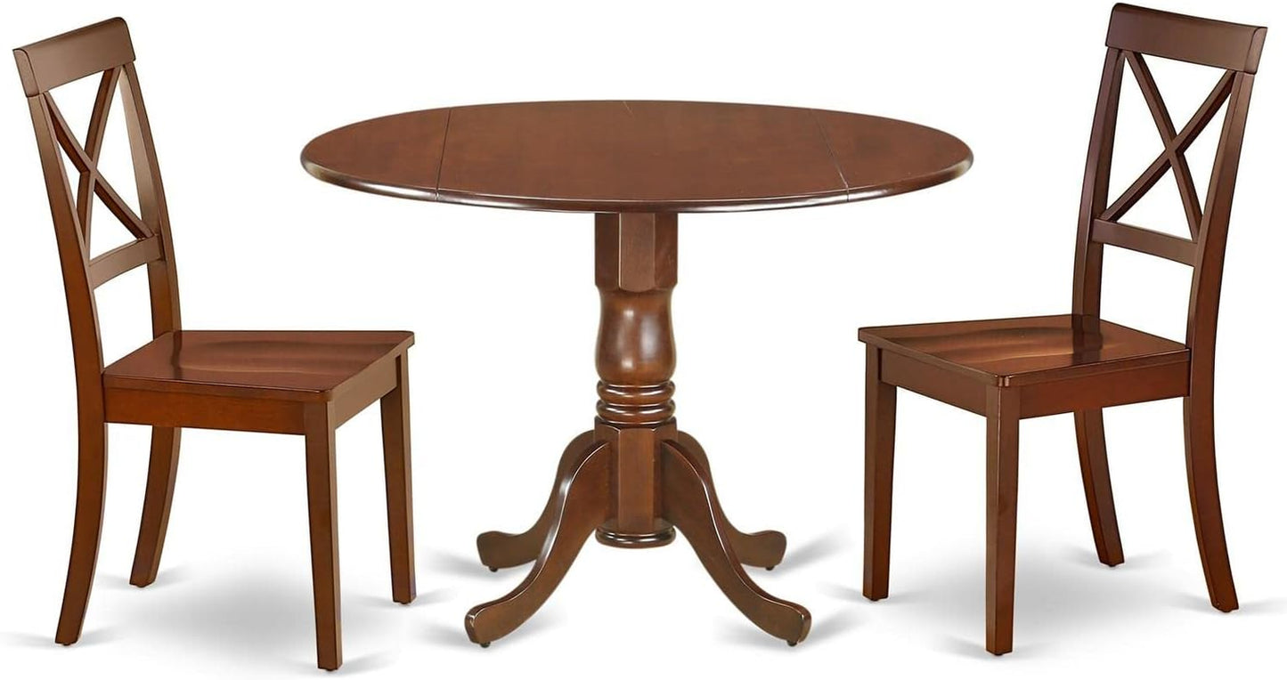 DLBO3-MAH-W 3 Piece Modern Dining Table Set Contains a round Wooden Table with Dropleaf and 2 Dining Room Chairs, 42X42 Inch, Mahogany