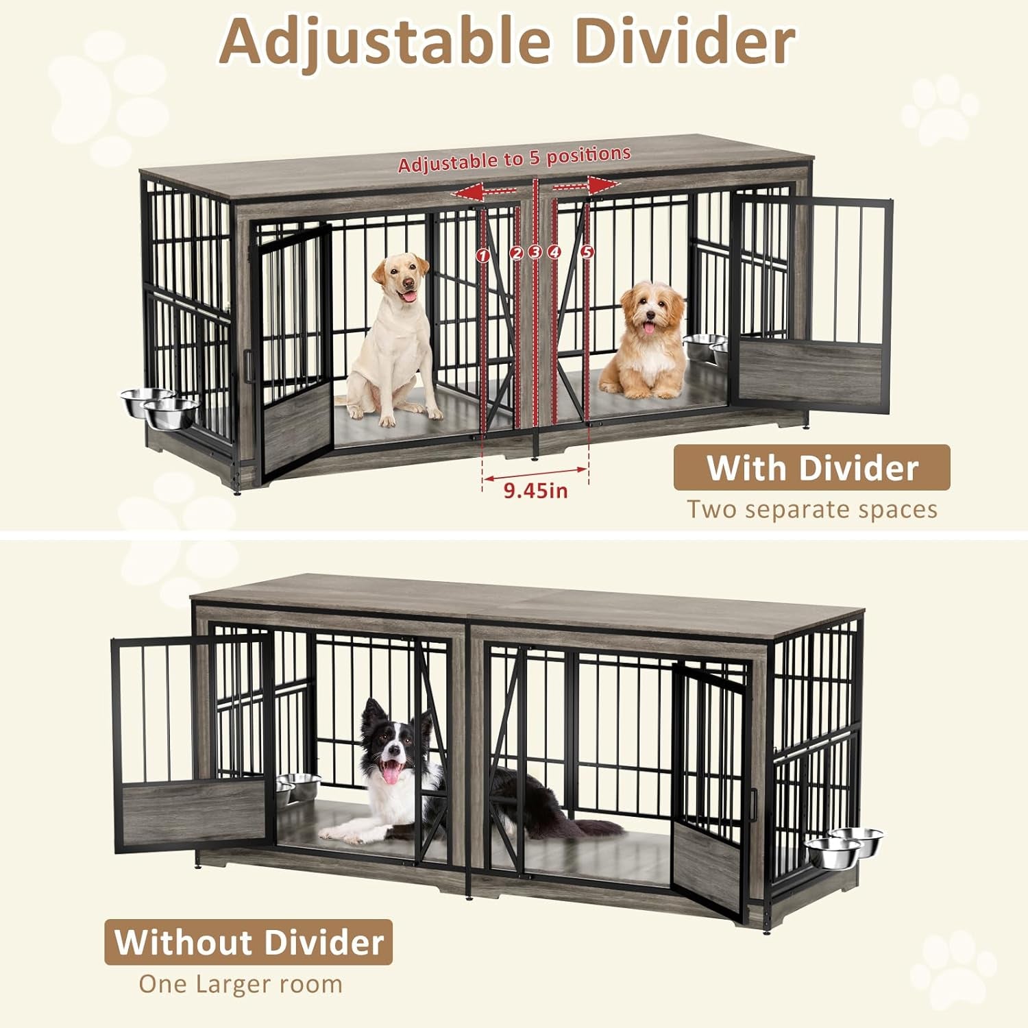 71'' Double Dog Crate Furniture for 2 Dogs, Extra Large Dog Cage with Adjustable Divider, Heavy Duty Dog Kennel Indoor with 4 Bowls, XXL Dog Crate Wooden TV Stand End Table for Large Breed, Grey