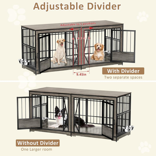 71'' Double Dog Crate Furniture for 2 Dogs, Extra Large Dog Cage with Adjustable Divider, Heavy Duty Dog Kennel Indoor with 4 Bowls, XXL Dog Crate Wooden TV Stand End Table for Large Breed, Grey