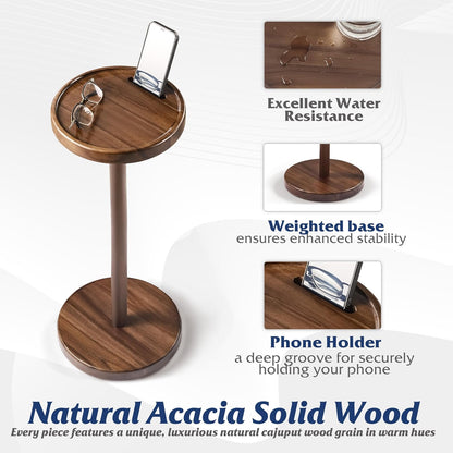 Drink Table, 22" Tall Compact Side Table with Phone Slot and Weighted Base, Durable Pedestal Table Accent for Living Room (Flat, Walnut)