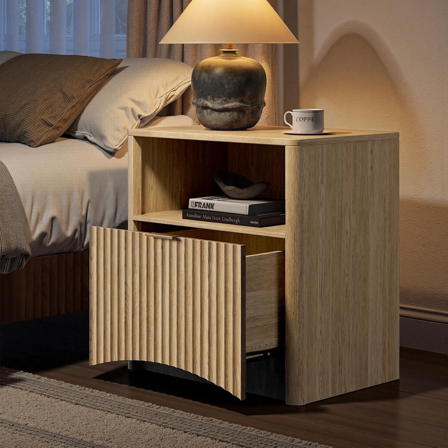 Fluted Nightstand Set of 2, Natural Oak Bedside Table with Drawer and Storage, Wood End Table Mid Century Modern, Large Night Stand for Bedroom