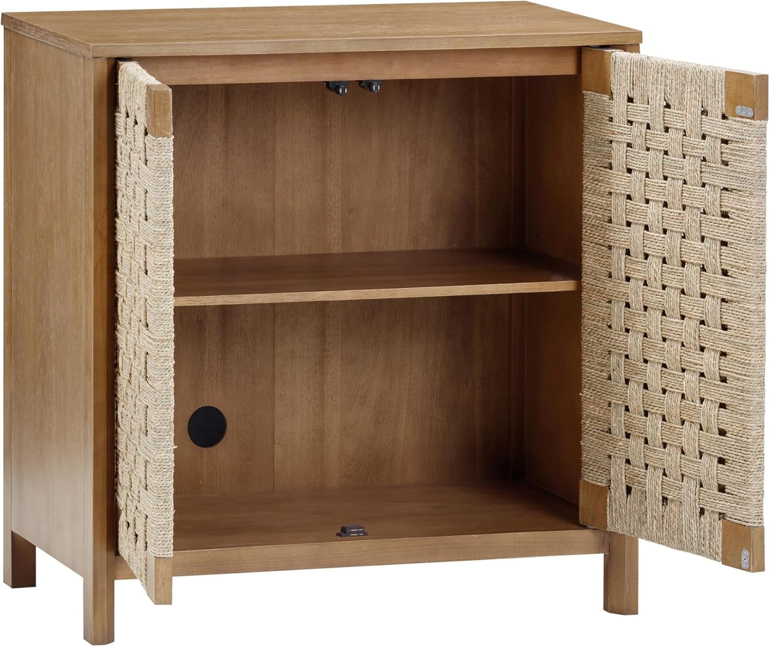 Aerie Rustic Wood Cabinet, Boho Living Room Storage Cabinet with Seagrass Door Panels and Solid Wood Legs, Light Brown