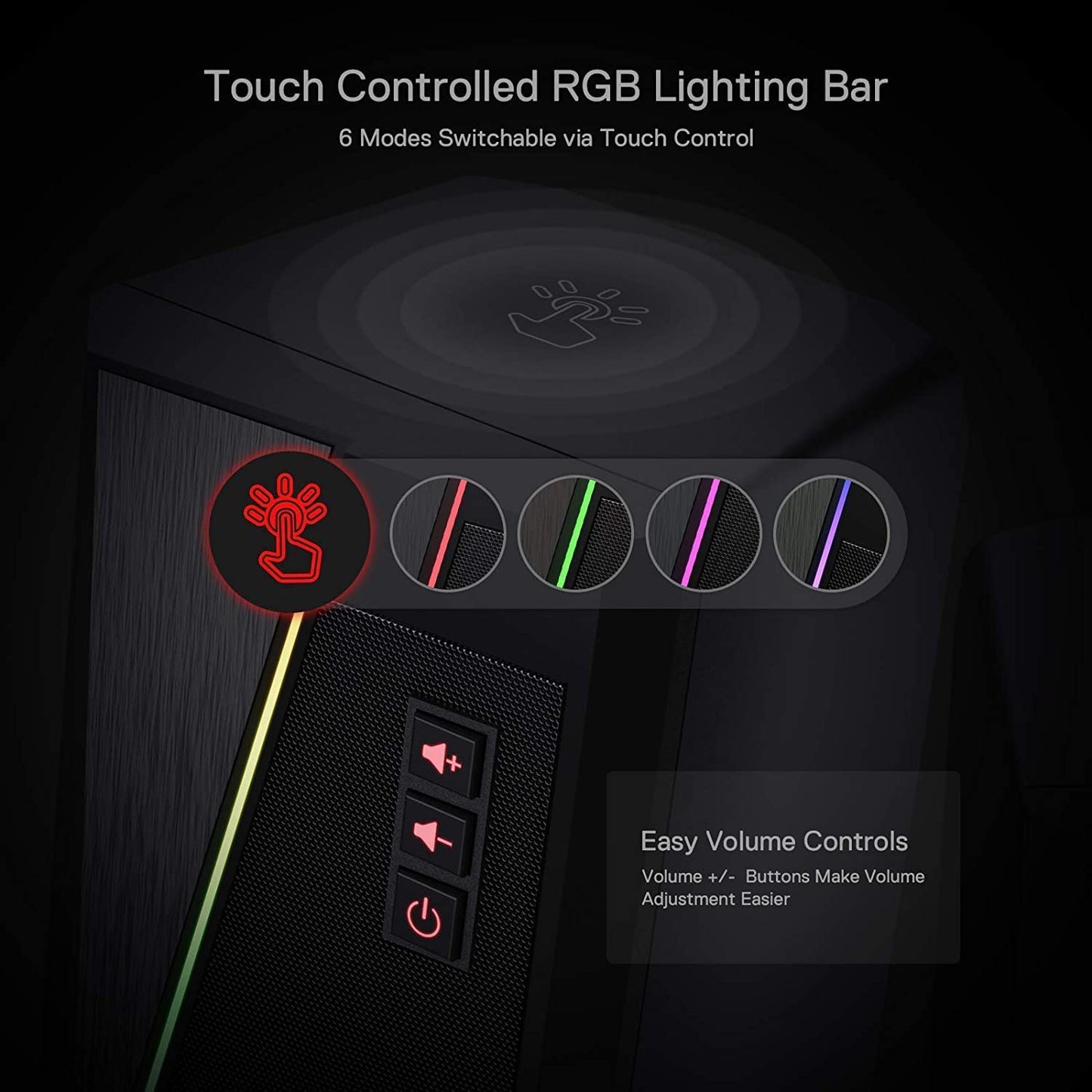 GS520 RGB Desktop Speakers, 2.0 Channel PC Computer Stereo Speaker with 6 Colorful LED Modes, Enhanced Sound and Easy-Access Volume Control, USB Powered W/ 3.5Mm Cable
