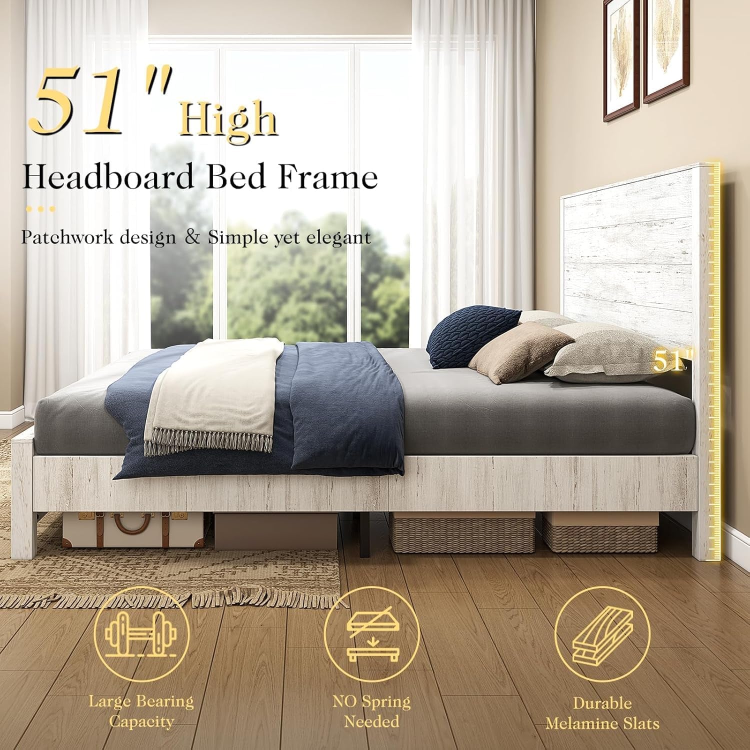 51.2" H Wood Bed Frame with Headboard, King Platform Bed Frame with Wooden Slat Support, No Box Spring Needed/Easy Assembly, Rustic Pine, Distressed White