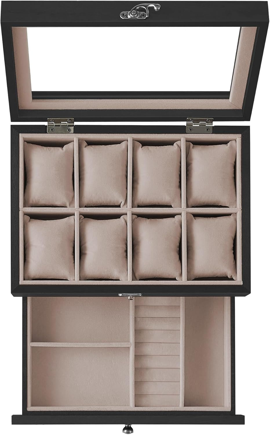 8-Slot Watch Box, 2-Tier Watch Display Case with Large Glass Lid, Removable Watch Pillows, Velvet Lining, Jewelry Box, Gift Idea, Ebony Black UJOW008B01