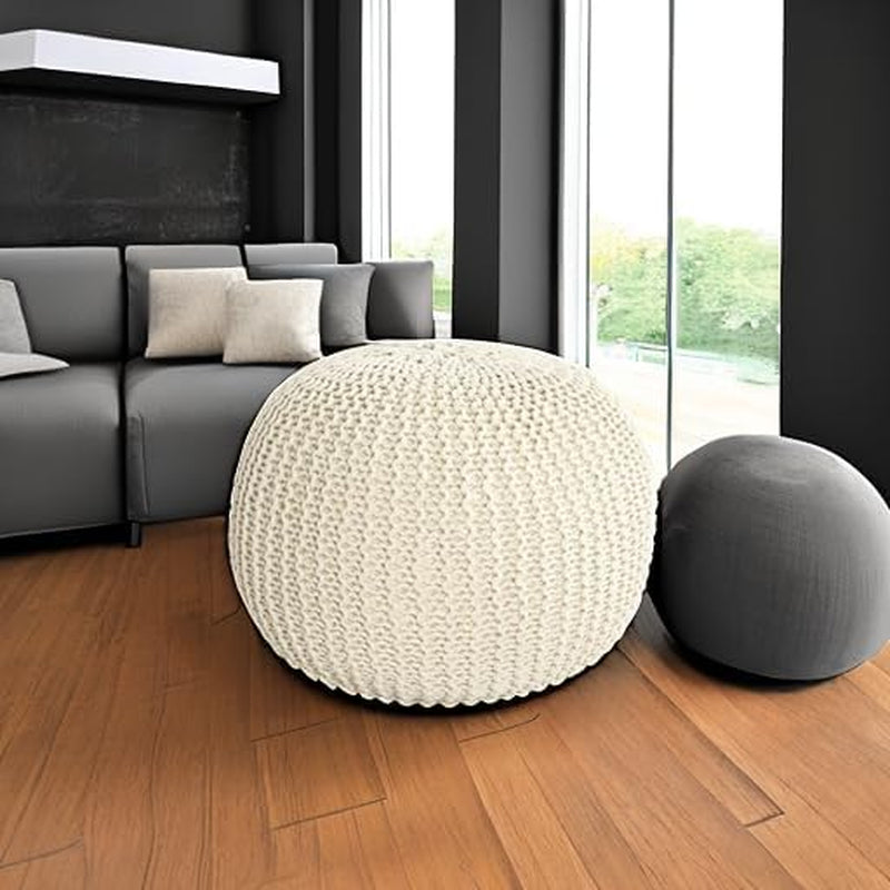 Unstuffed Ottoman Pouf Cover, 100% Cotton Handmade Knitted Ottoman Pouf Cover round Foot Stool, Floor Bean Bag Chair, Foot Rest with Storage for Living Room Bedroom, Beige(Cover ONLY NO Filler)