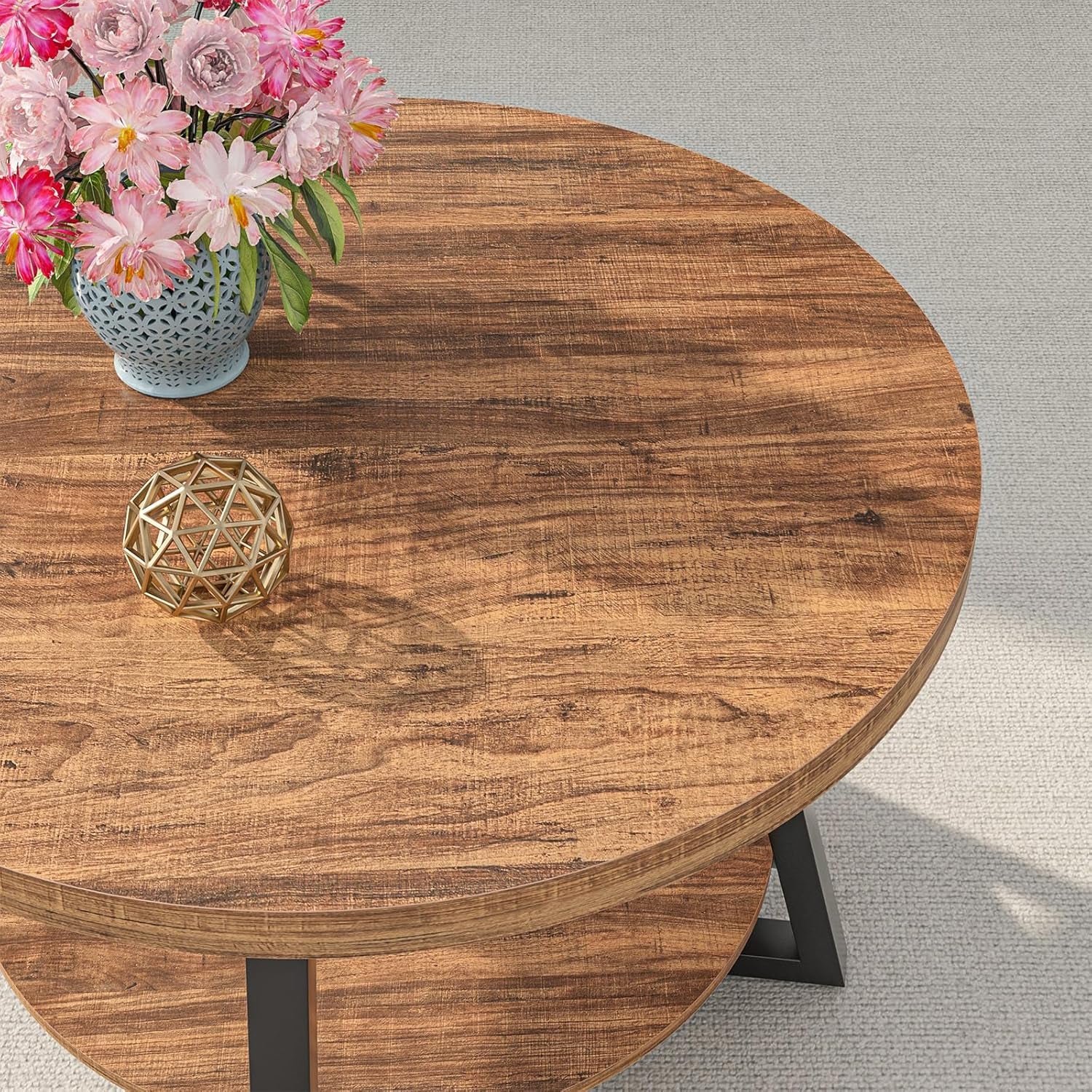 round Coffee Table with Storage, 30 Inch Circle Center Tables for Living Room, Modern Sofa Table for Small Spaces, Home Office, Easy Assembly, Walnut