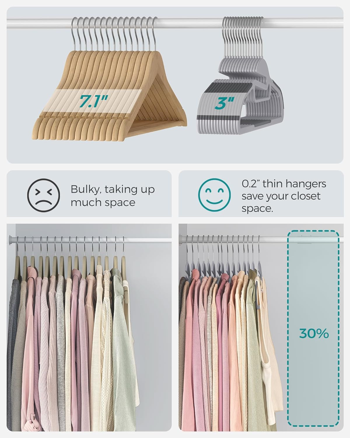 50 Pack Coat Hangers, Heavy-Duty Plastic Suit Hangers, S-Shaped Opening, Space-Saving, 360º Swivel Hook, 16.3 Inches Wide, Light Gray and Dark Gray UCRP41G-50
