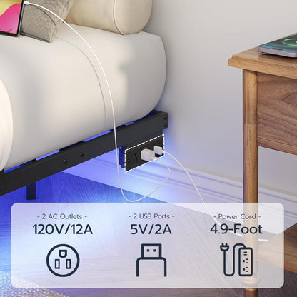 Floating Bed Frame Full Size, Bed Frame with Charging Station and LED Lights, Industrial Style Metal Platform Full Bed, Soundless, No Box Springs Needed, Black