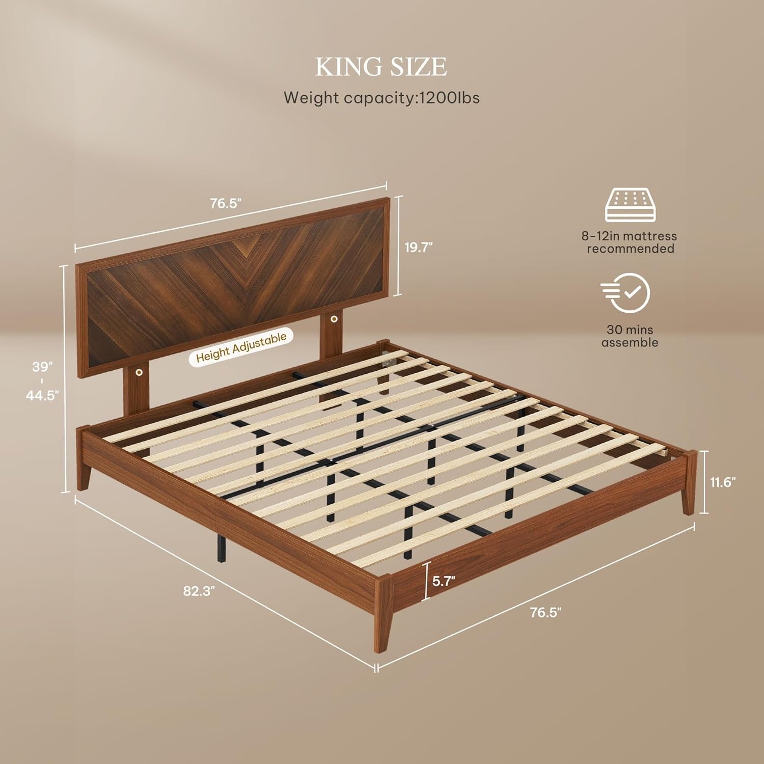 Wood King Size Bed Frame with Adjustable Headboard, Farmhouse Bed Frame with Solid Wood Slats Support, No Box Spring Needed, 12 Strong Wood Slat Support, Easy Assembly, Rustic Brown