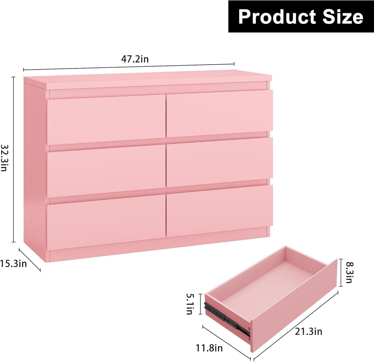 Modern Pink 6 Drawer Dresser - Simply Chest of Drawers for Bedroom, Closet, Living Room, Hallway, Entryway, Wood Storage Double Dresser with Smooth Metal Rails - Pink