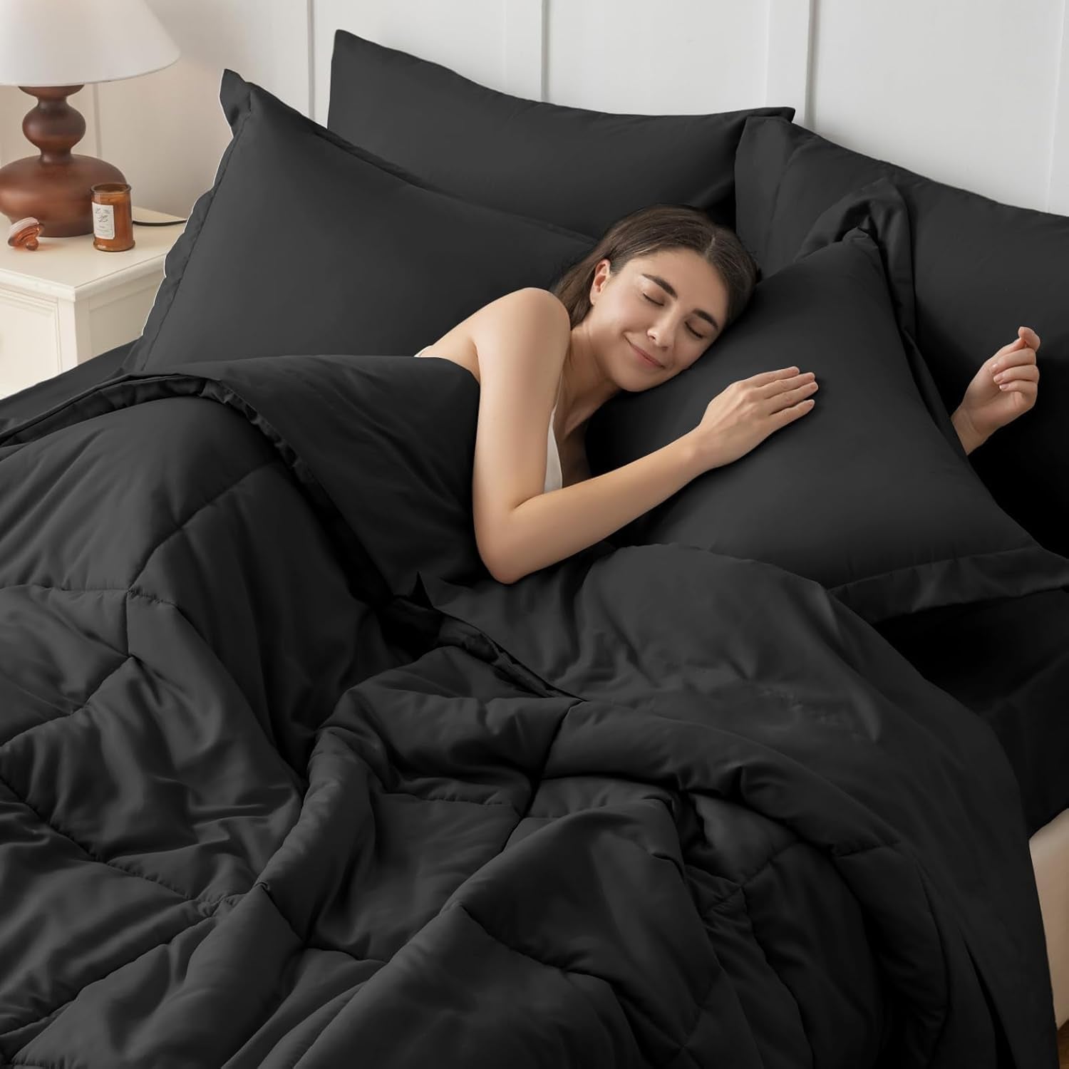 Queen Comforter Set, Ultra-Soft Bed in a Bag Queen Size 7 Pieces, Oeko-Tex Certified Bedding Set with down Alternative Comforter, Sheets, Pillowcases & Shams, Black