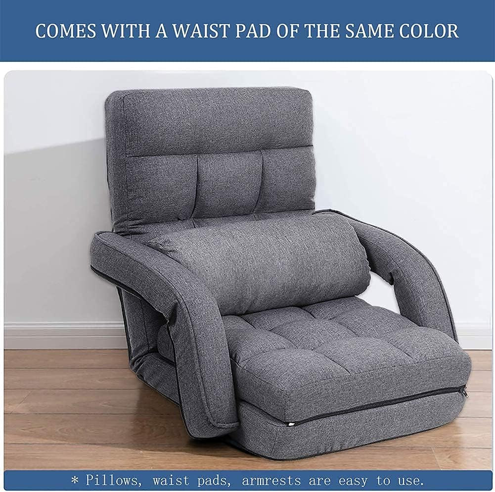 Indoor Floor Gaming Chairs for Adults with Back Support,Chaise Lounge, 14-Position Folding Lazy Sofa with Pillow for Living Room, Bedroom, Balcony(Grey) 8803GR