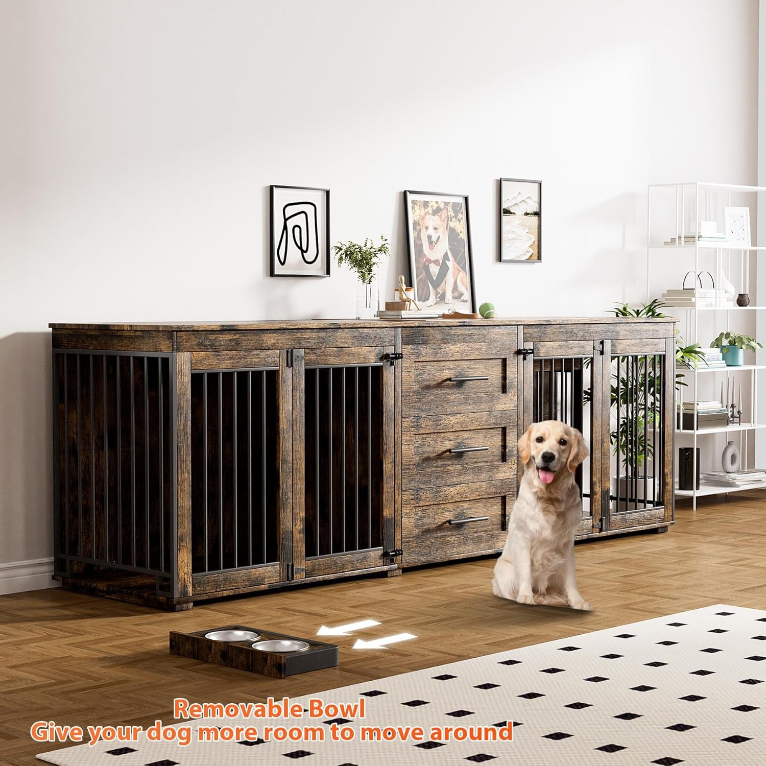 94.5" Dog Crate Furniture for 2 Dogs, Large Dog Kennel Furniture with 3 Storage Drawer, Wooden Dog Cage with 4 Bowls, Indoor Dog House TV Stand with Locks for Large Medium Dog, White Brown