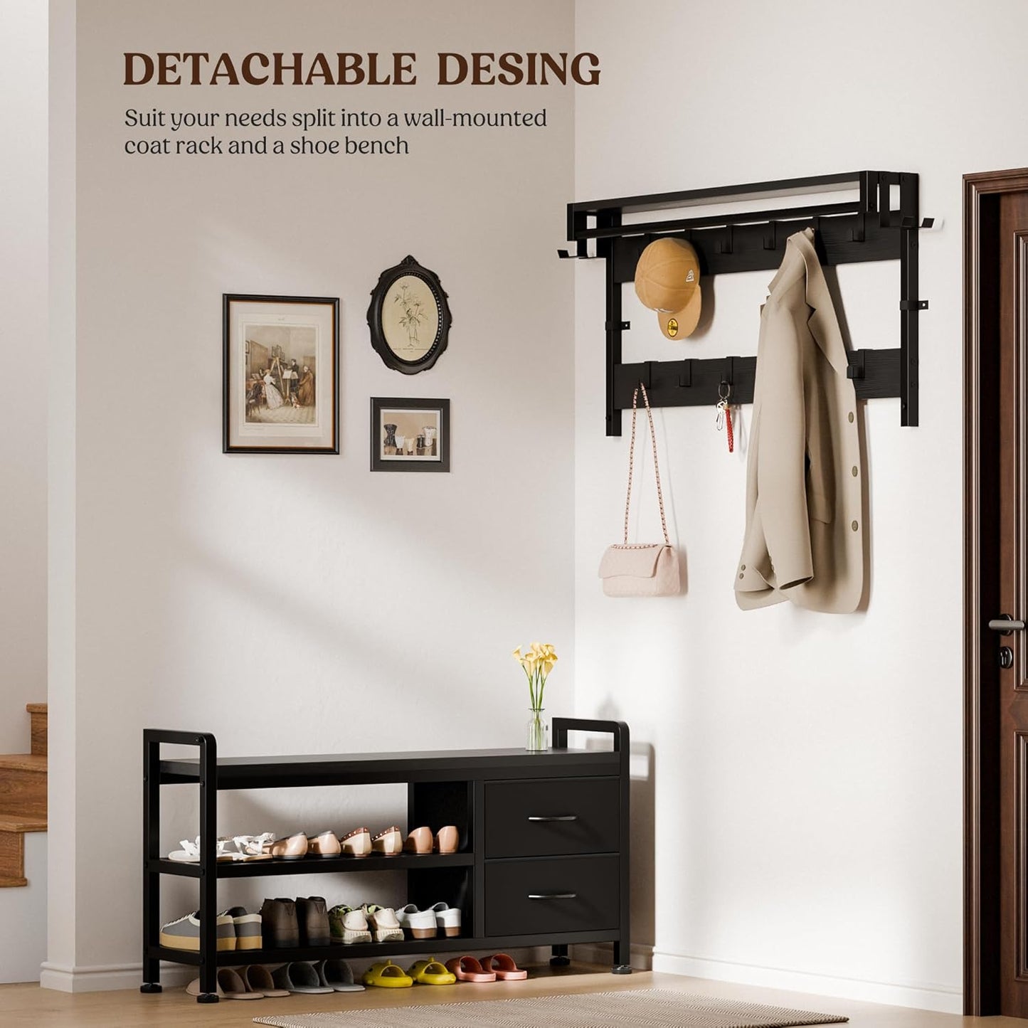 Hall Tree with Bench and Shoe Storage, 39.4” Entryway Bench with Coat Rack Freestanding, 5 in 1 Entryway Furniture Organizer Large Coat and Shoe Rack with 21 Hooks and Drawers, Black