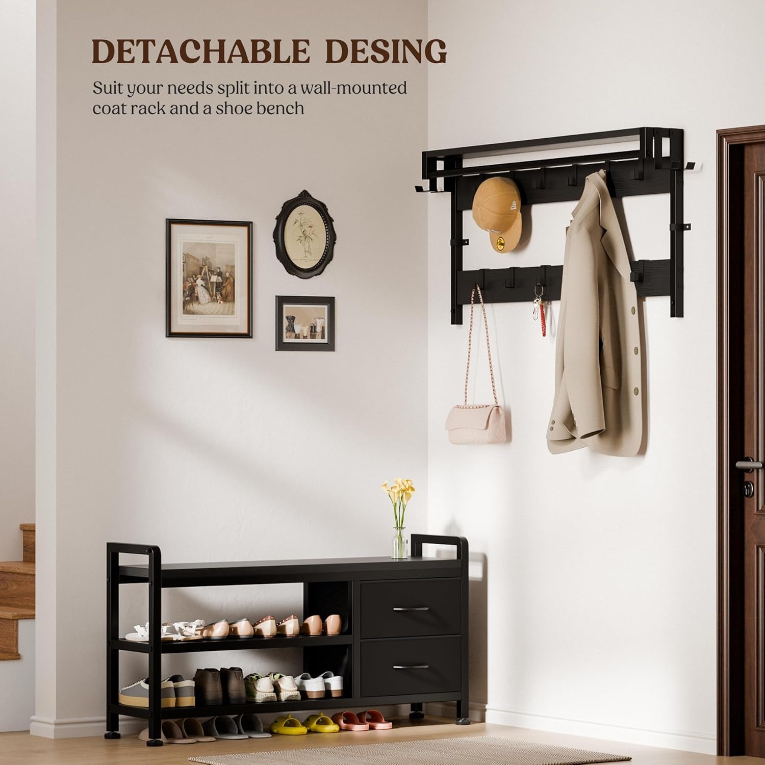 Hall Tree with Bench and Shoe Storage, 39.4” Entryway Bench with Coat Rack Freestanding, 5 in 1 Entryway Furniture Organizer Large Coat and Shoe Rack with 21 Hooks and Drawers, Black