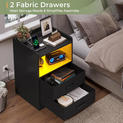 Night Stand Set of 2 with LED Lights and Charging Station, Modern Bedside End Table with 2 Fabric Storage Drawers, Black Nightstands for Bedroom
