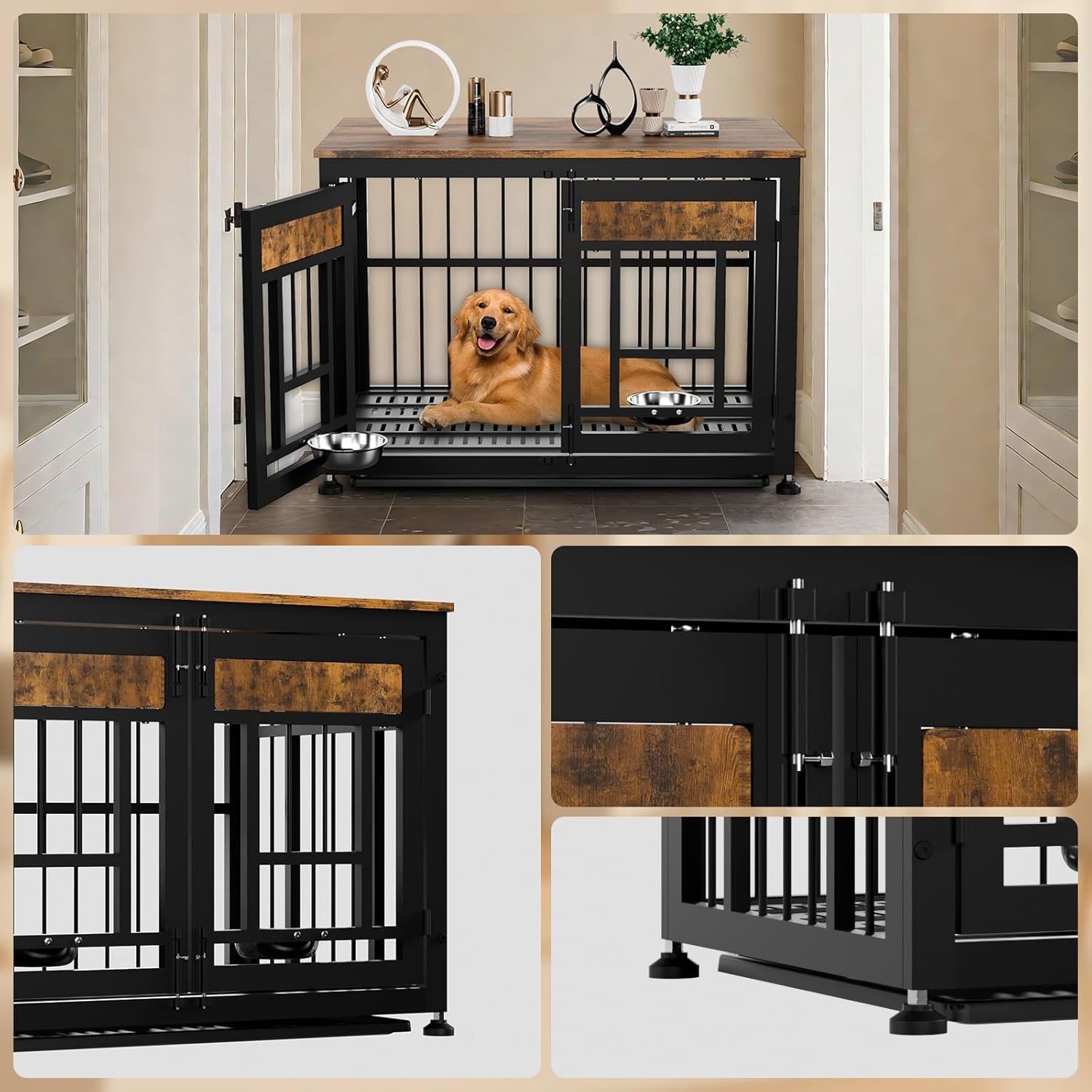 Dog Crate Furniture End Table 38 Inch Hidden Kennel Cabinet with Removable Tray, Thickened Metal Frame Dog Cage, Dual-Purpose Pet House & Nightstand for Living Room