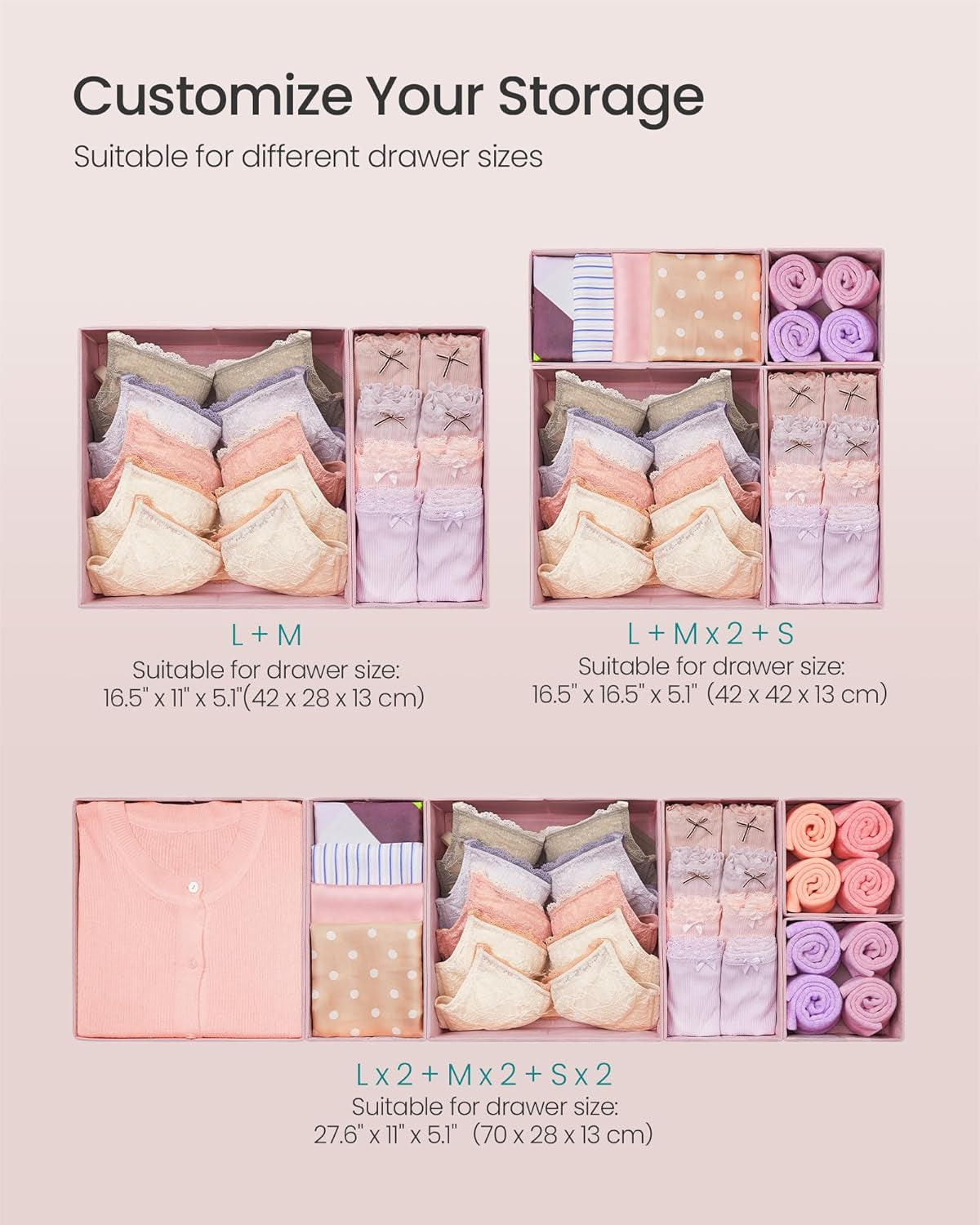 Drawer Organizers, Dresser Divider Organizers, Set of 12, Foldable Fabric Storage Boxes for Socks, Underwear, Bras, Ties, Scarves, Jelly Pink URDZ006R01