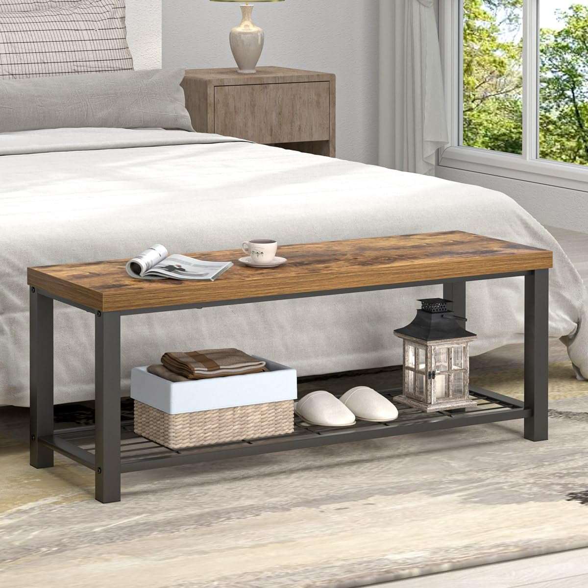 Entryway Bench, Modern Wood and Metal Storage Bench for Hallway Front Door Entrance, Industrial Indoor Shoe Rack Bench Seat for Living Room Bedroom, 43.3 Inch Rustic Brown