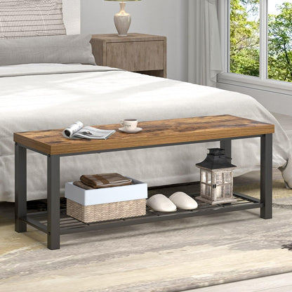 Entryway Bench, Modern Wood and Metal Storage Bench for Hallway Front Door Entrance, Industrial Indoor Shoe Rack Bench Seat for Living Room Bedroom, 43.3 Inch Rustic Brown