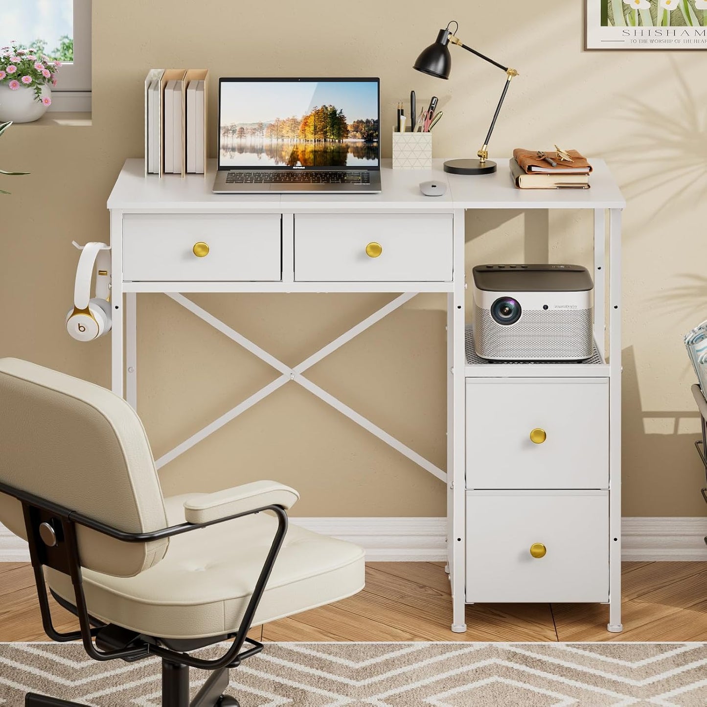 Small Computer Desk with 4 Fabric Drawers, Simple Writing Desk for Home Office, Compact Study Desks for Small Spaces, Kids Desk Study for Bedroom, White