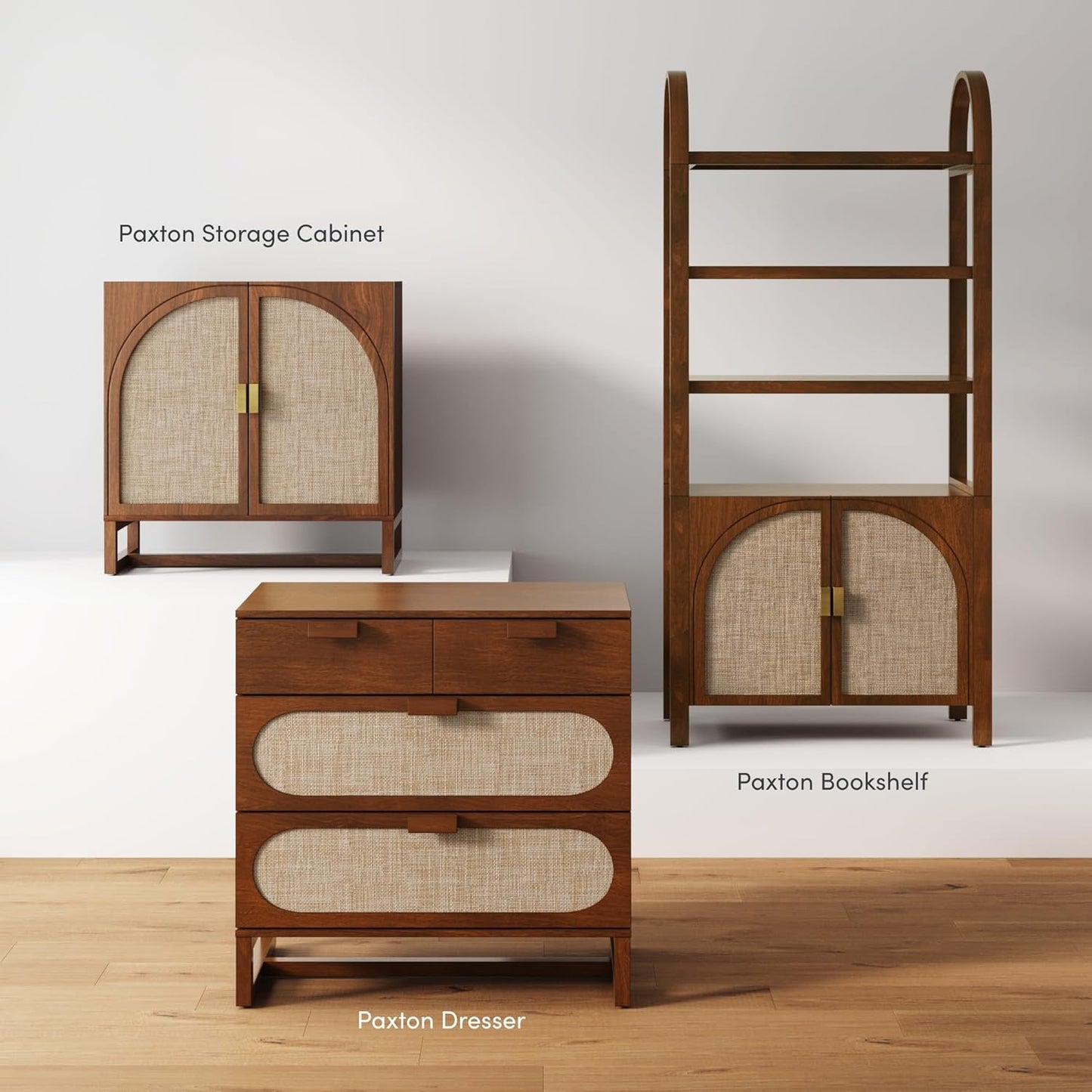 Paxton Mid-Century Modern Dresser for Bedroom, 3-Drawer Dresser with Solid Wood Frame and Textilene Rattan Accent, Dark Walnut