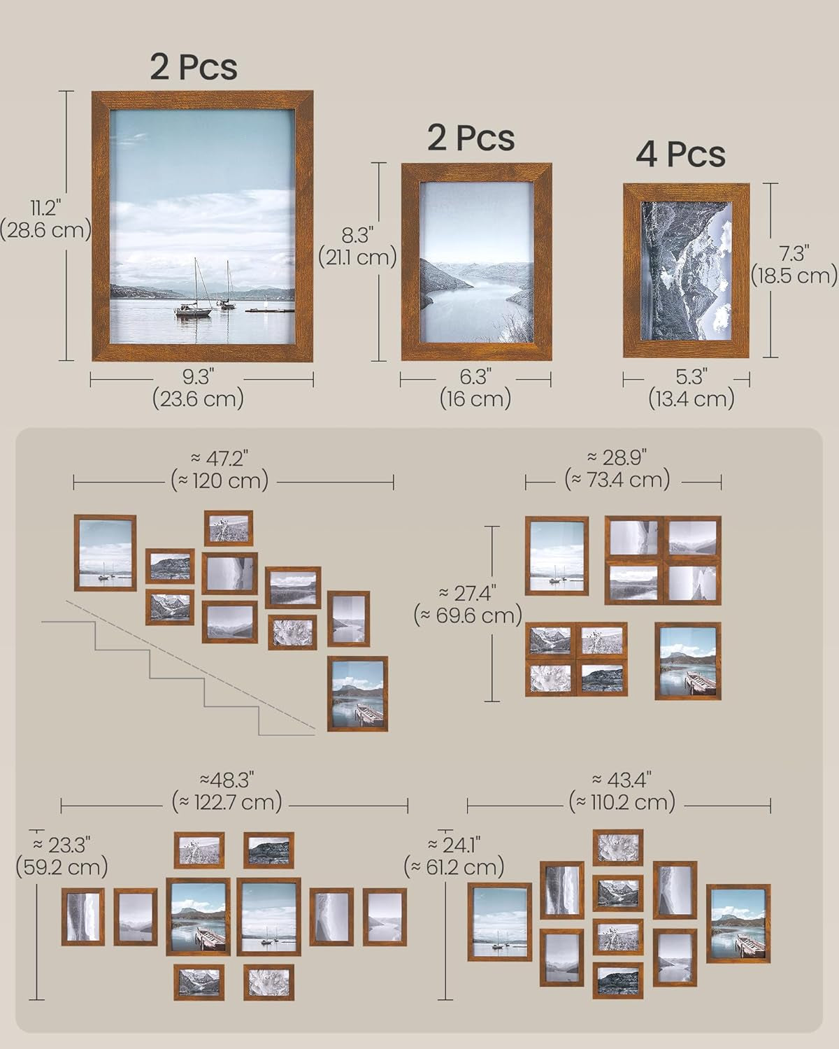 Picture Frames, Collage Picture Frames Set of 10, Two 8X10, Four 5X7, Four 4X6, Photo Frame for Wall Gallery Decor, Table Display, Glass, Rustic Brown URPF010X01