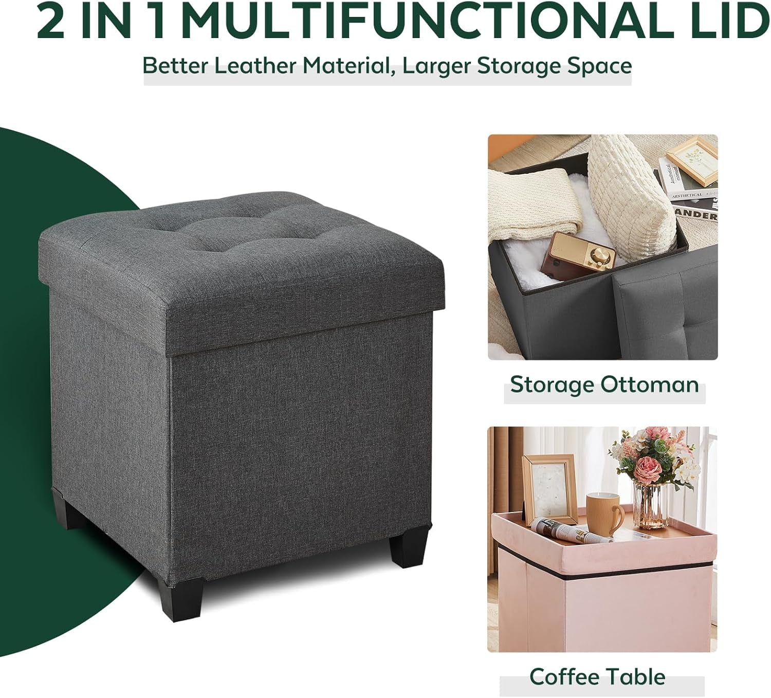 17.7" Square Ottoman with Storage, Storage Ottoman Foot Stool with Lid & Solid Wood Legs, Linen Ottomans for Living Room, Bedroom, Dorm, Gray