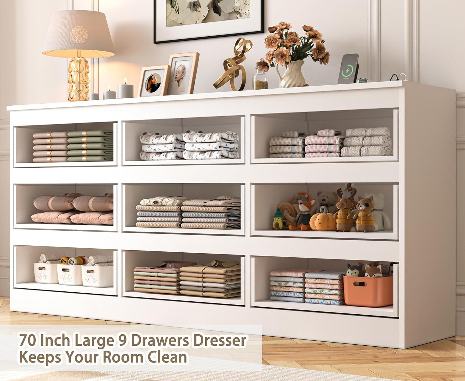 70 INCH 9 Drawers Dresser with Power Outlet, Wide High Gloss Chest of – Hawkins Woodshop