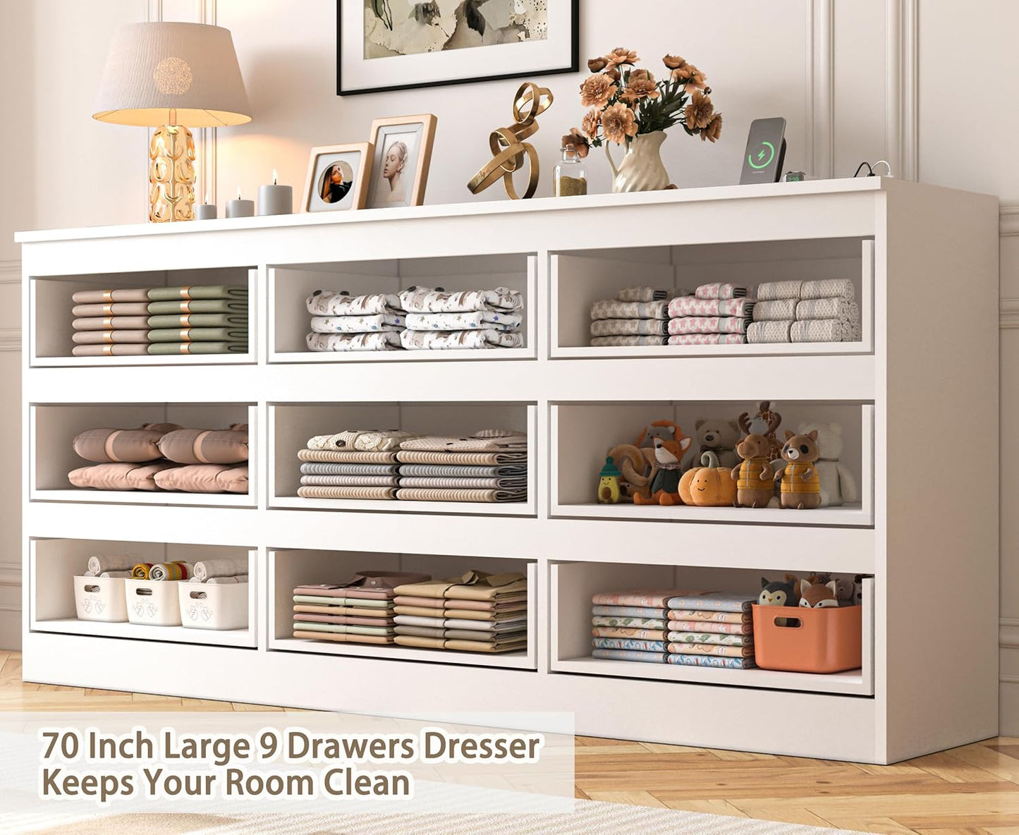 70 INCH 9 Drawers Dresser with Power Outlet, Wide High Gloss Chest of Drawers Large, Modern Storage Drawer Dresser for Bedroom, White