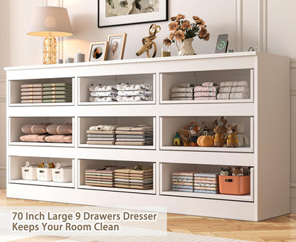 70 INCH 9 Drawers Dresser with Power Outlet, Wide High Gloss Chest of Drawers Large, Modern Storage Drawer Dresser for Bedroom, White