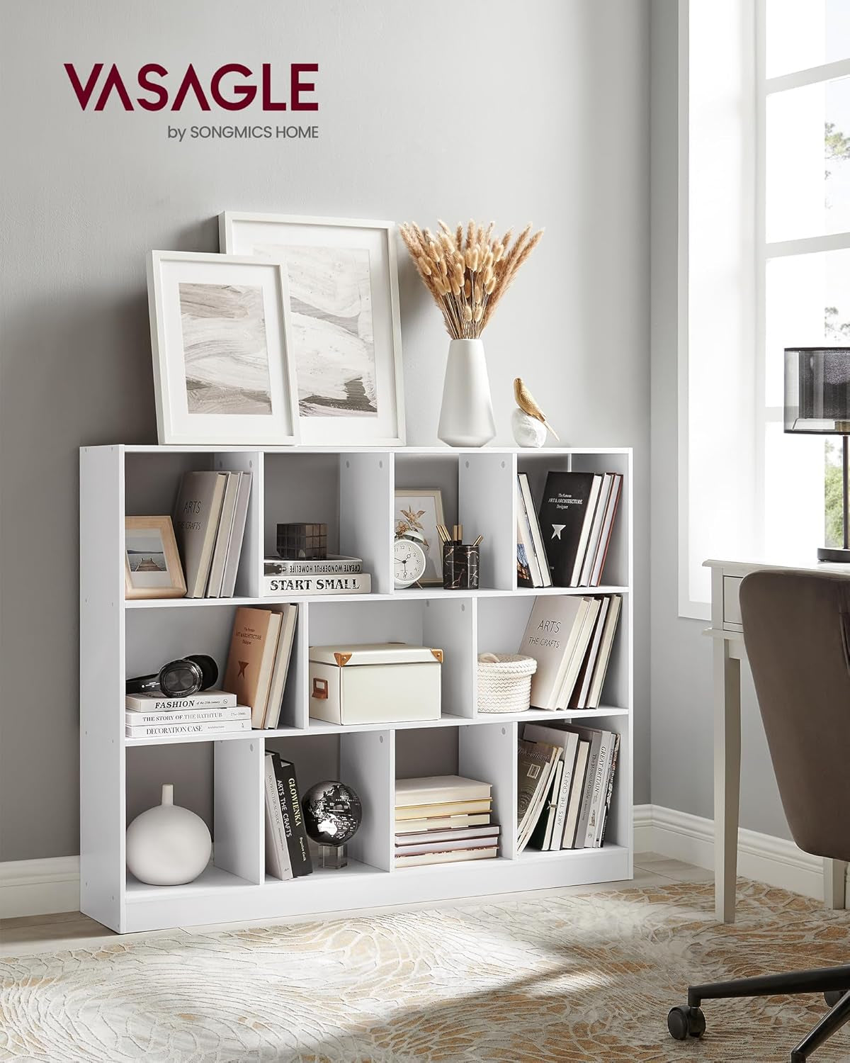 Bookcase, Bookshelf, Freestanding Storage Unit, 11 Open Compartments, Used Horizontally, Vertically, Upside Down, 11.8 X 49.6 X 39.4 Inches, for Living Room, Study, Office, White ULBC054T14