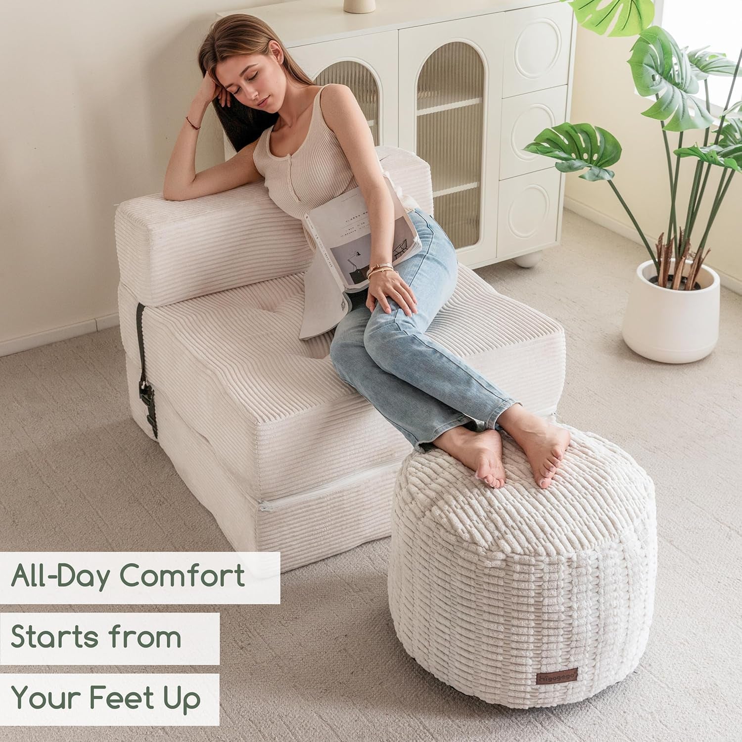 Pouf Ottoman Stuffed round Modern Foam Filled Foot Rest Poufs for Living Room Chair Decorative 20 X 15 Inches Boho Relax Stool for Wedding Christmas Party, Beige