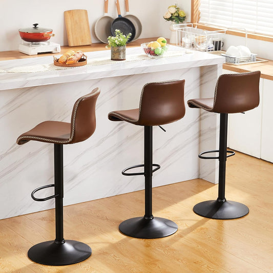 Bar Stools Set of 3, Swivel Counter Height Barstools with Back, Adjustable Height 24" to 32", Brown Faux Leather Bar Chairs for Kitchen Island (Brown, Set of 3 (24'' to 32''))