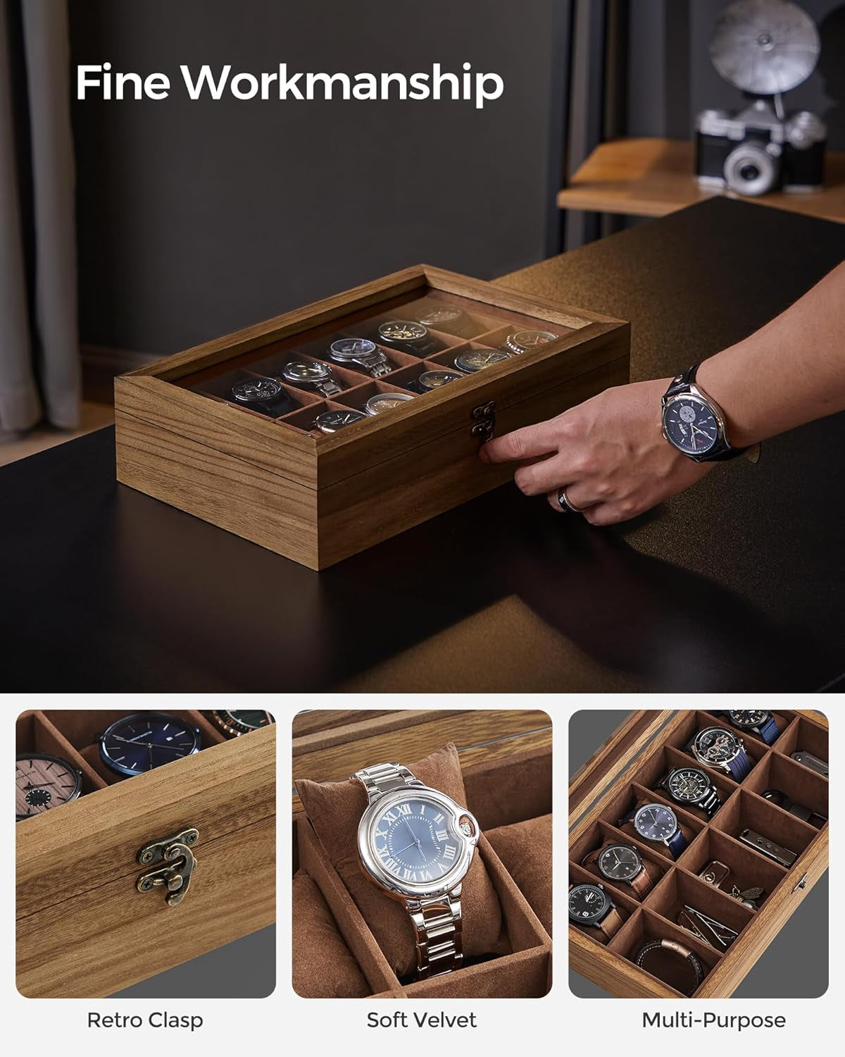 2 Items Bundle - Watch Boxes, 12-Slot Solid Wood Watch Box Organizer with Glass Lid, 2-Tier Watch Case with 8 Slots, Rustic Walnut UJOW008K01 and UJOW120K01