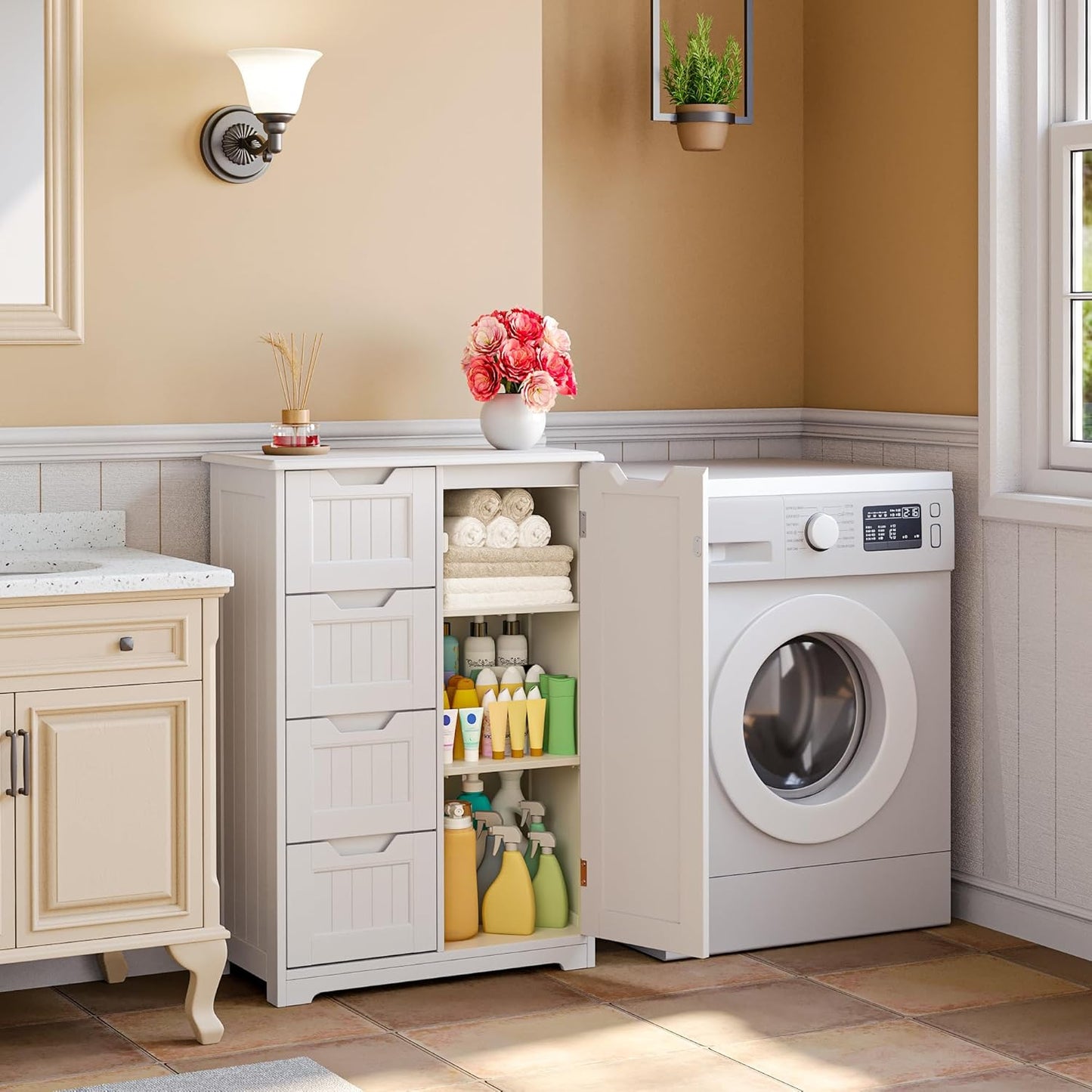 Small Pantry with Door and Shelves, 33'' Kitchen Pantry Storage Cabinet Freestanding Wooden Bathroom Storage Cabinet with 4 Drawers for Kitchen and Dining Room, White
