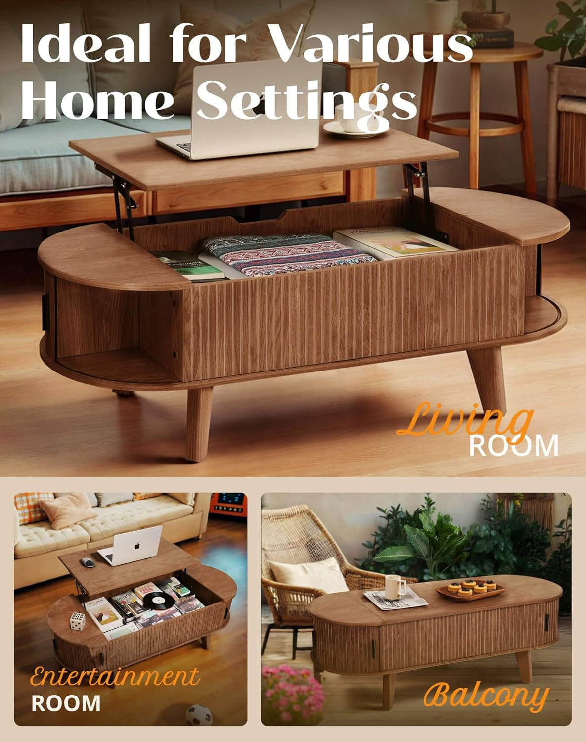 Oval Lift Top Coffee Table with Storage, 47.2" Mid Century Modern Living Room Center Table with 180° Sliding Tambour Door, Wood Fluted Coffee Table for Home Office, Walnut