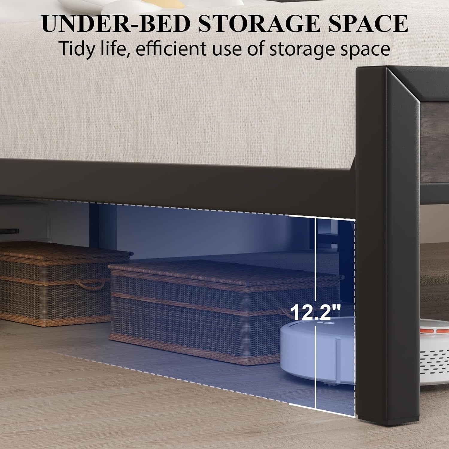 Queen Size Bed Frame with Storage Headboard and LED Lights, Industrial Platform Bed with Charging Station, Heavy Duty Metal Slats, No Box Spring Need, Noise Freee, Grey