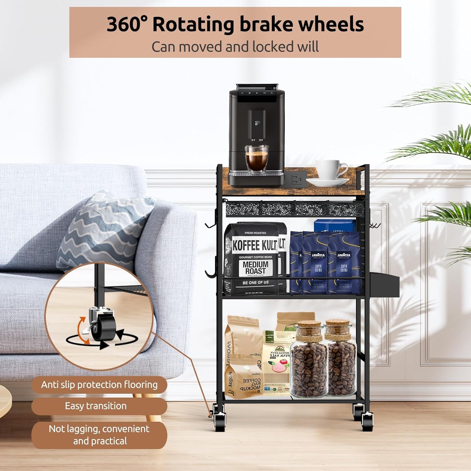 Compact Coffee Bar Cabinet with Power Outlet, Lockable Wheels, and Storage Drawer - Rustic Brown & Black for Office, Living Room, or Small Spaces