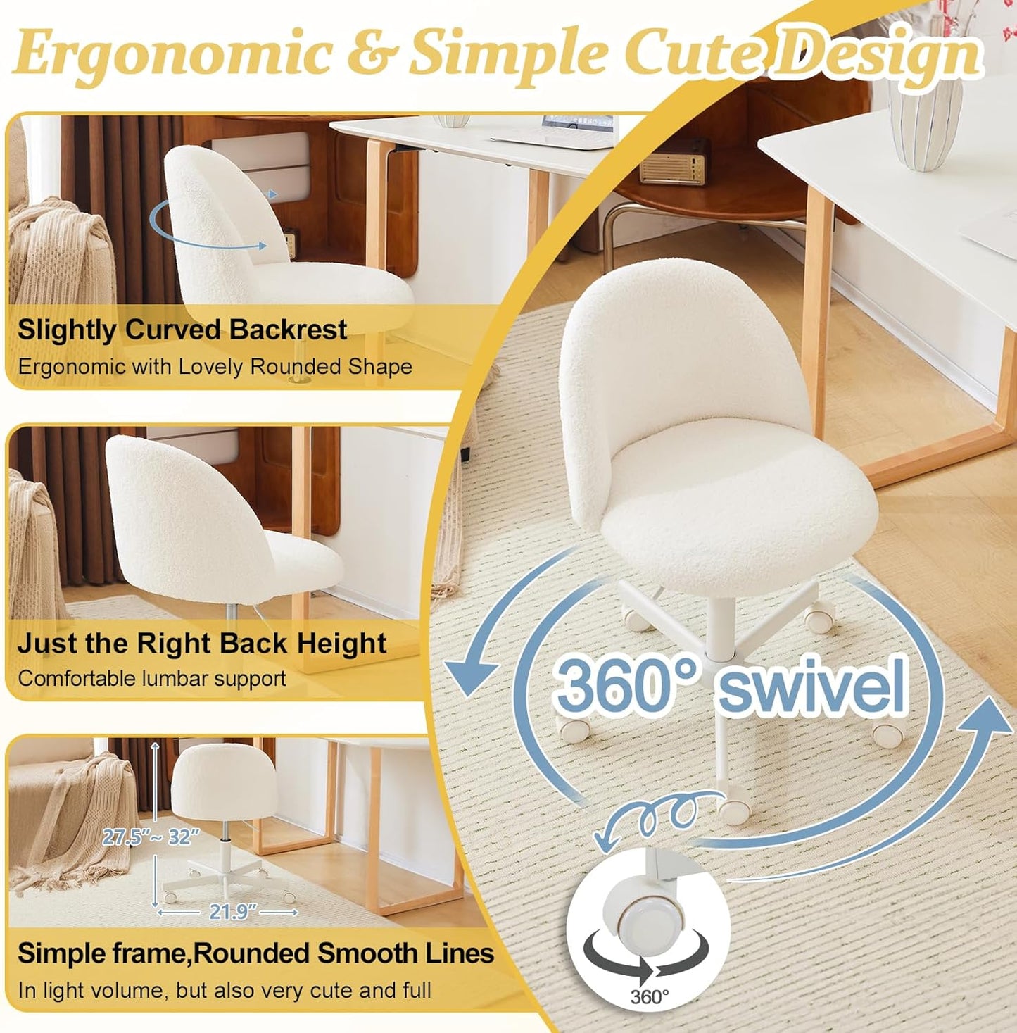 Modern Vanity Chair with Back, Velvet Desk Chair for Girls, Small Office Chair with Silent Wheels， Stylish and Comfortable, White