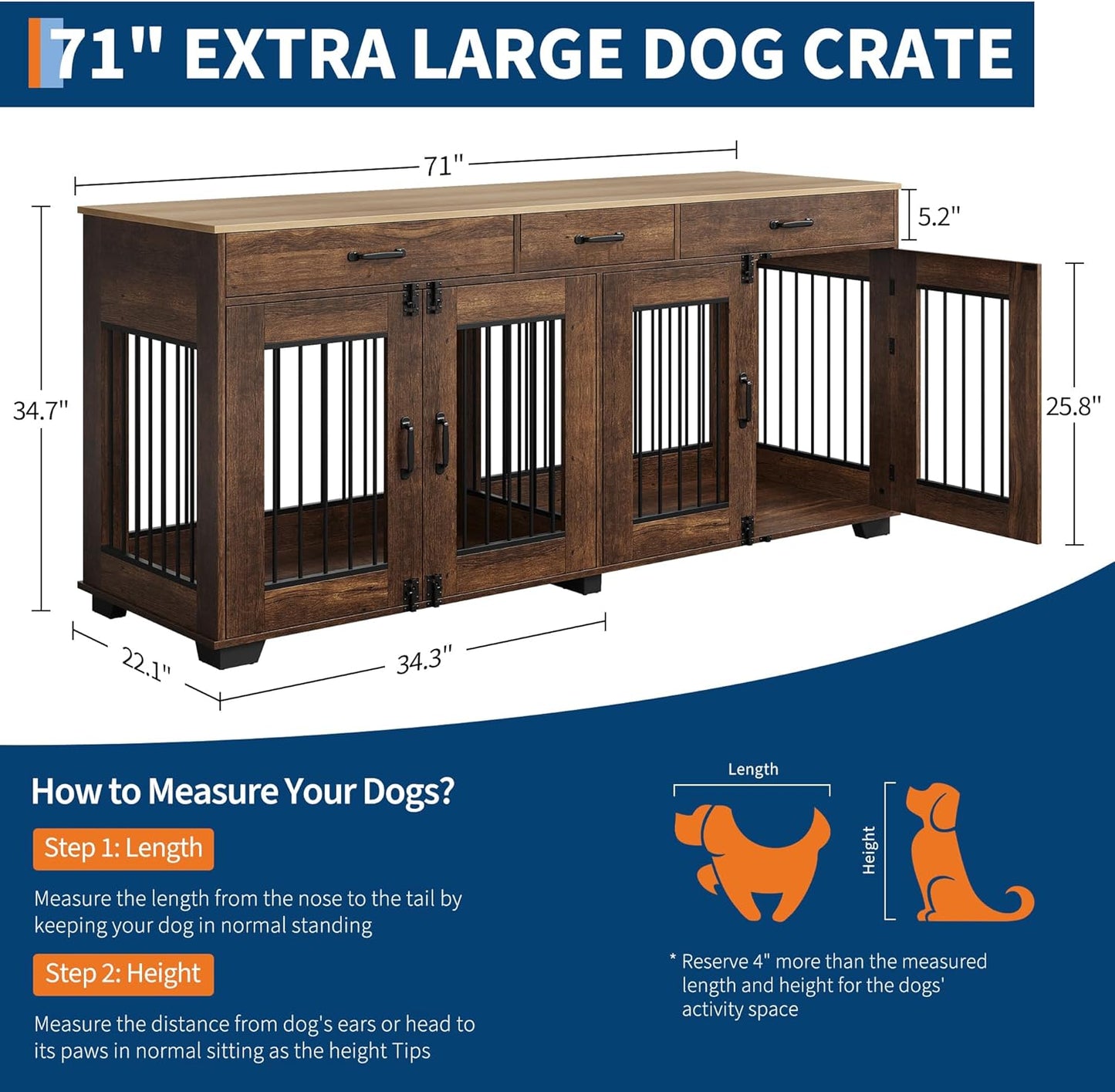 71 in Dog Crate Furniture for 2 Rooms, Wooden Double Crate Large Breed with Door, Dog Kennel Indoor, TV Stand End Table with Divider for Large Medium Dogs,Grey