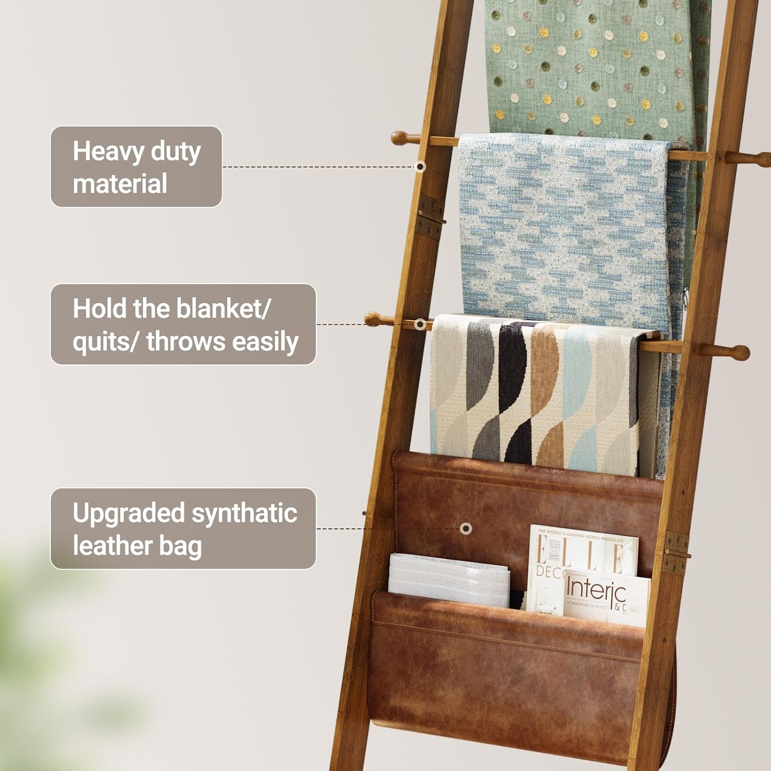 Blanket Ladder, 5-Tier Farmhouse Wooden Rack with Synthetic Leather Pocket, 4 Removable Hooks, Decorative Leaning Ladder Shelf, Walnut