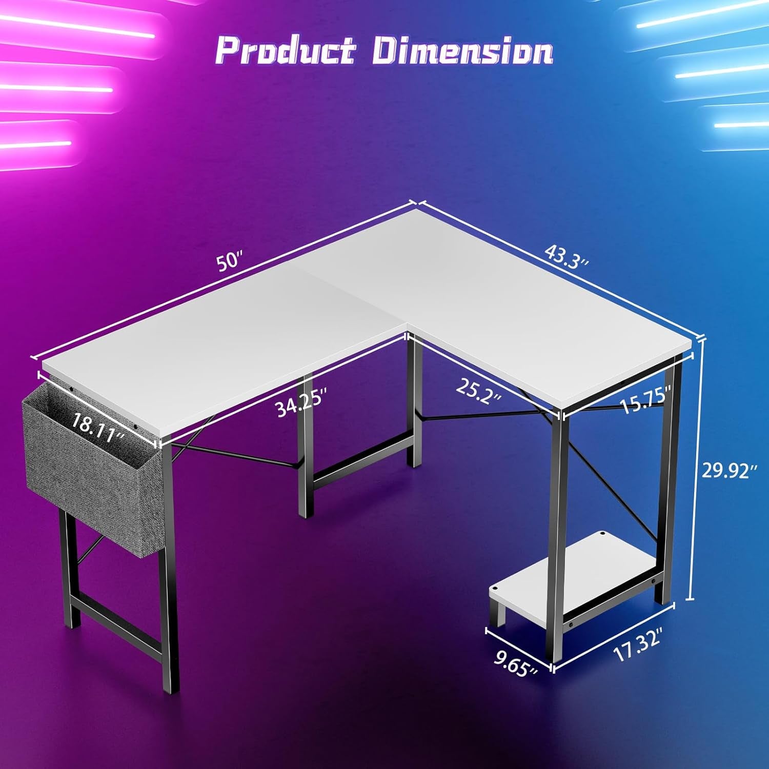 L Shaped Desk Computer Gaming Corner Table 50 Inch Home Office Writing Student Work PC Workstation with Side Storage Bag CPU Stand Modern for Bedroom Small Spaces