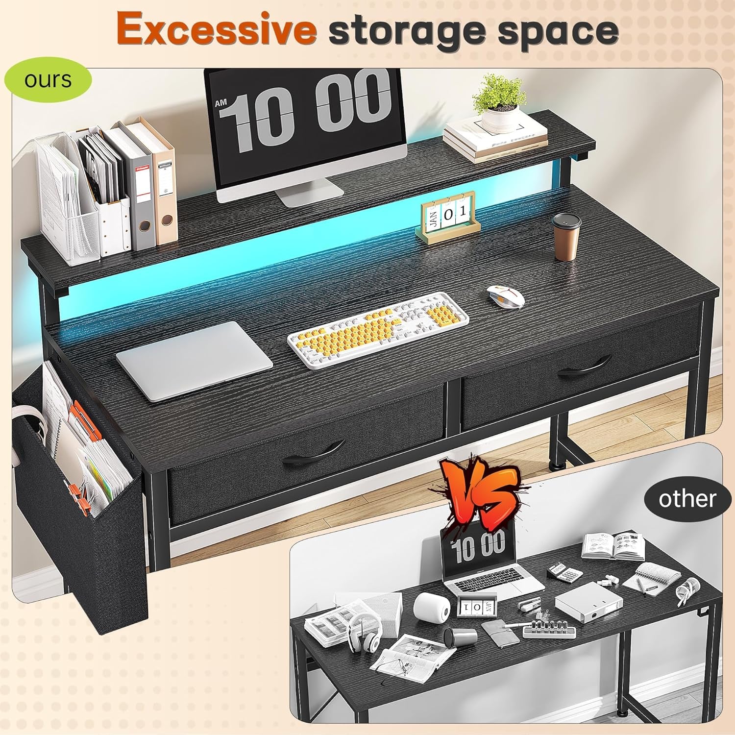 Gaming Desk with LED Lights & 2 Fabric Drawers, 39.4Inch Home Office Computer Desk with Side Pocket & Ergonomic Monitor Stand, Small Space Study Writing Table with Anti-Tip Design,Black