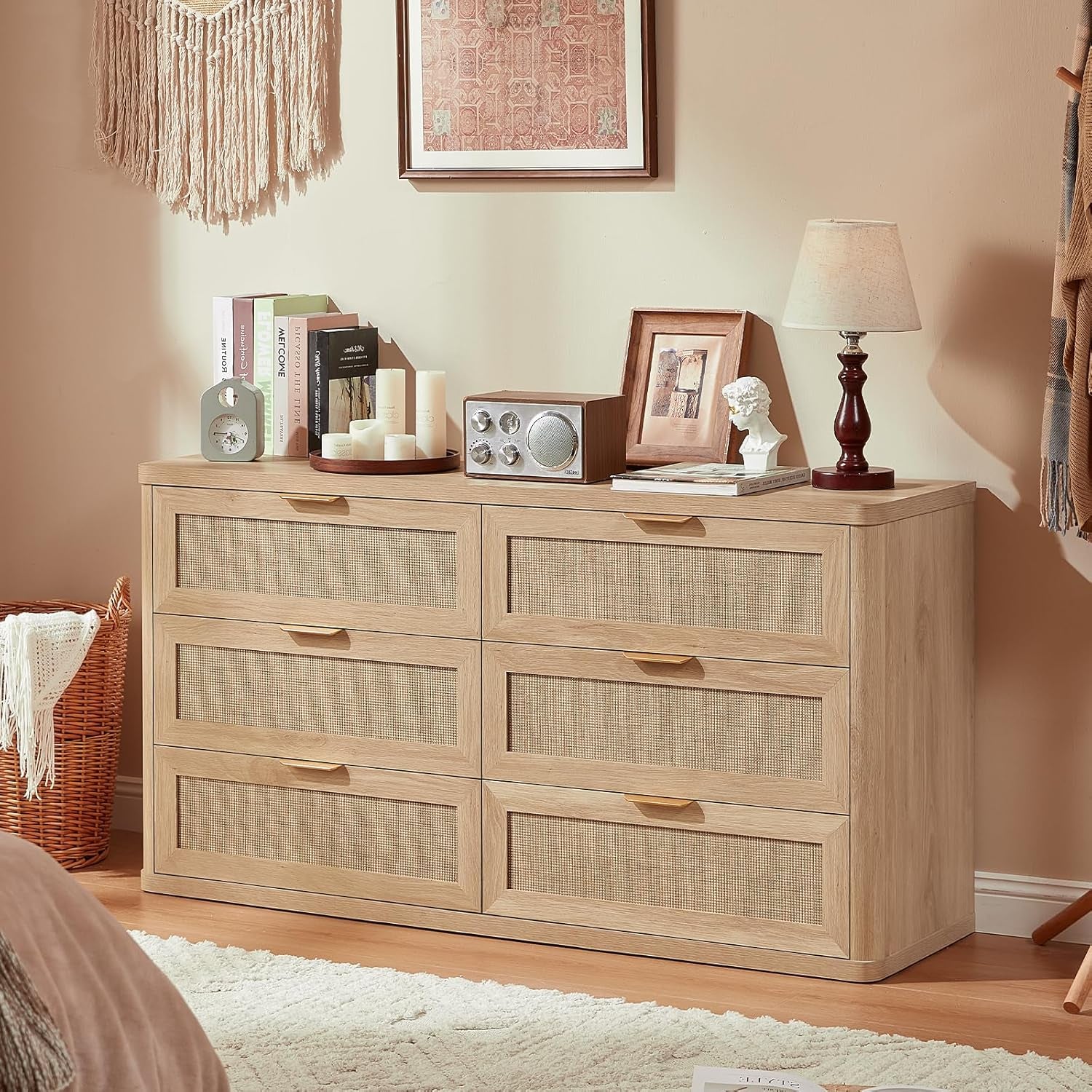 Rattan 6 Drawer Dresser for Bedroom, Boho 54" Wide Natural Wood Dresser Chest of Drawers, Dressers TV Stand with Metal Handle, Storage Dressers Closet Organizer for Living Room, Hallway