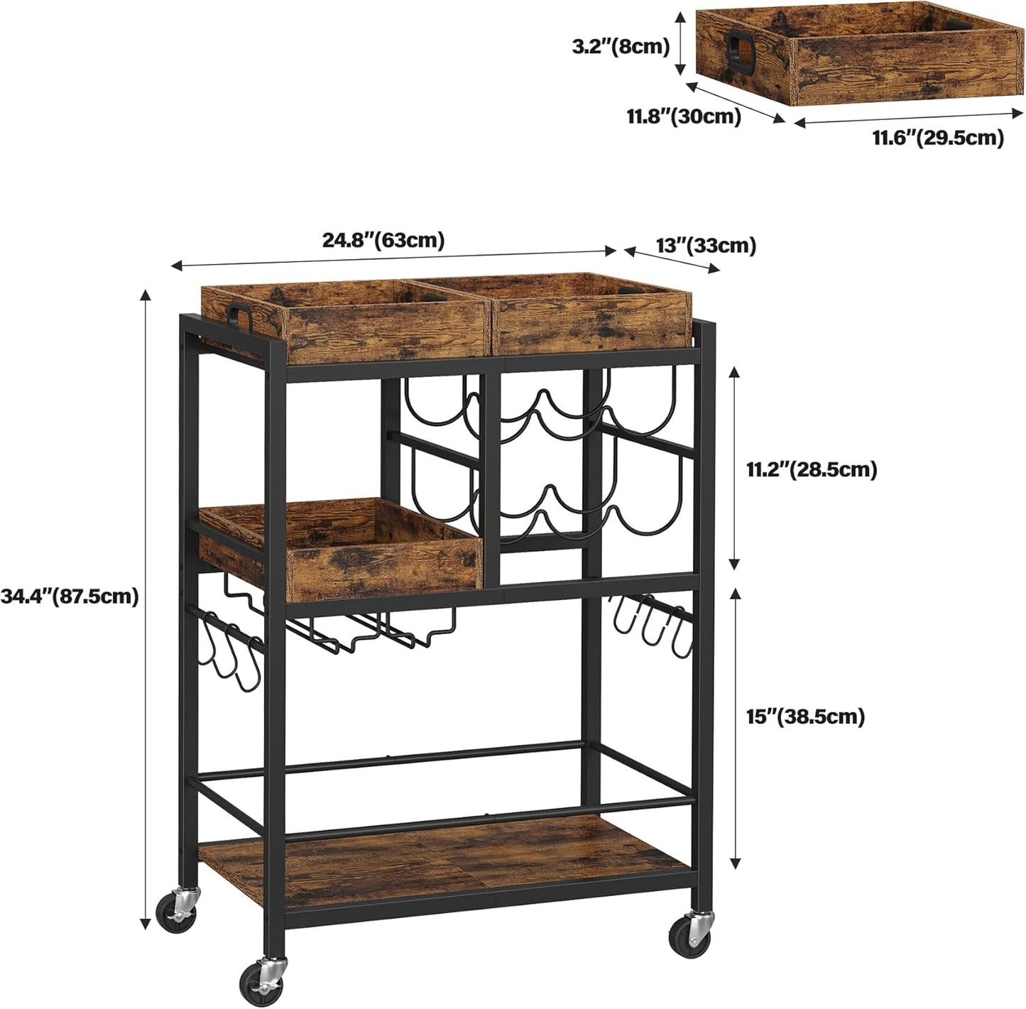 Bar Cart, Home Bar Serving Cart, 3-Tier Kitchen Cart on Wheels, Rolling Beverage Cart with Wine Rack and Glass Holder, Brown BC01BB037