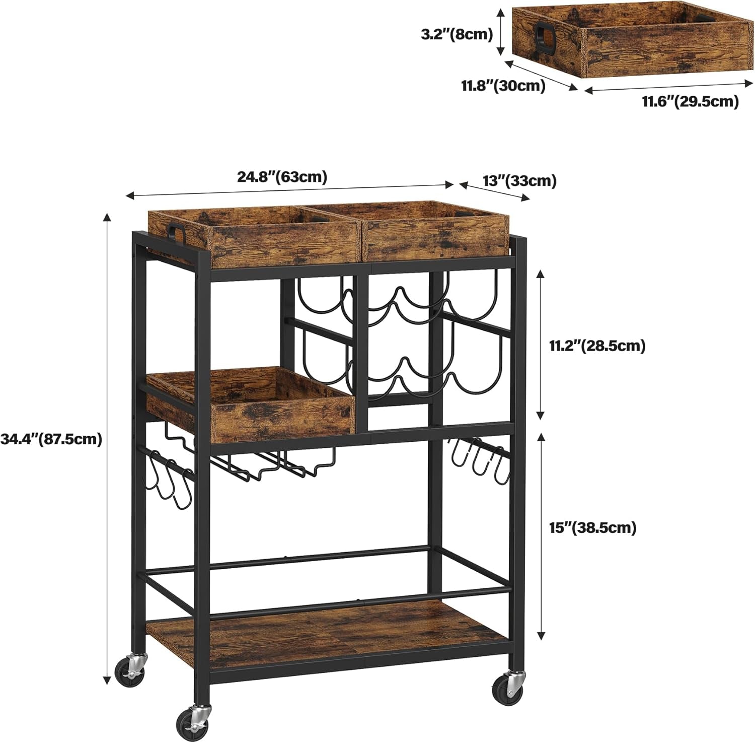 Bar Cart, Home Bar Serving Cart, 3-Tier Kitchen Cart on Wheels, Rolling Beverage Cart with Wine Rack and Glass Holder, Brown BC01BB037