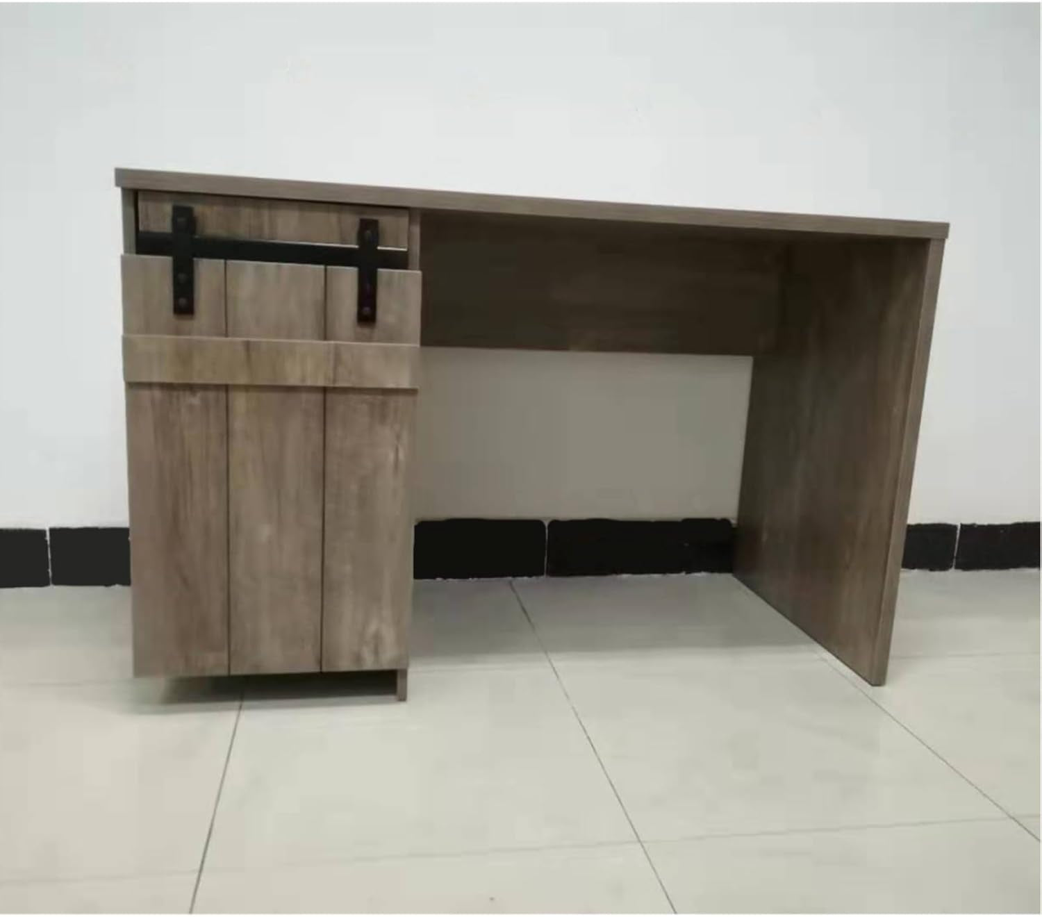 Farmhouse Style Home Office Laptop Computer Desk with One Cabinet and Three Shelves, Durable Study Writing Table with Metal Euro Cabinet Hinges